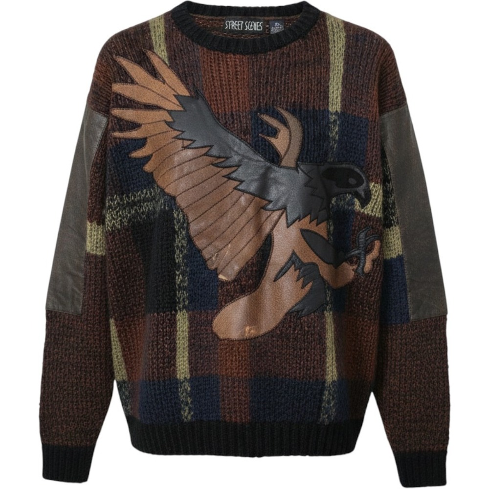 Vintage 90s Street Scenes Eagle Leather Patch Sweater Mens Medium Brown Plaid